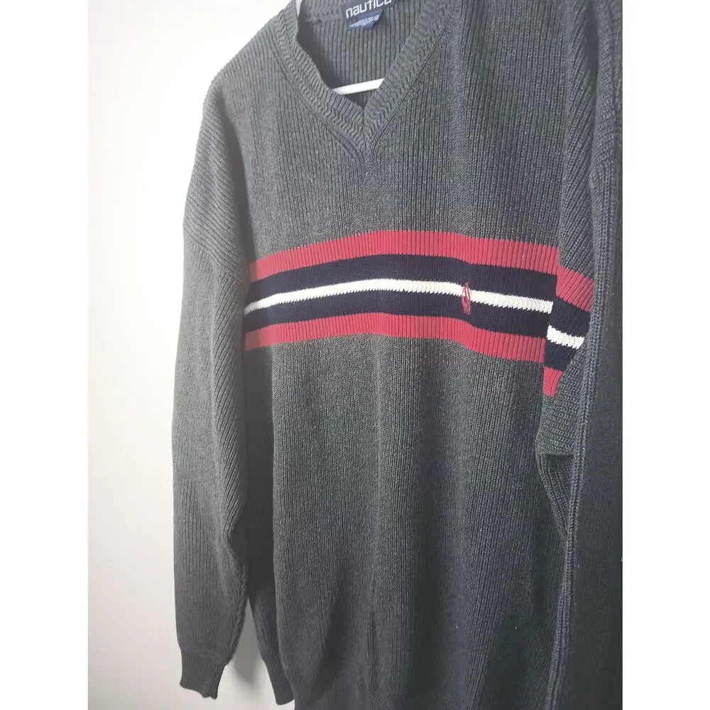 Vtg‎ 90s Gray Red Nautica Preppy Pullover Sweatshirt Sweater Men's Large